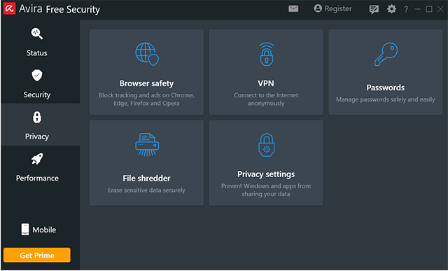 Screenshot of Avira, Privacy section
