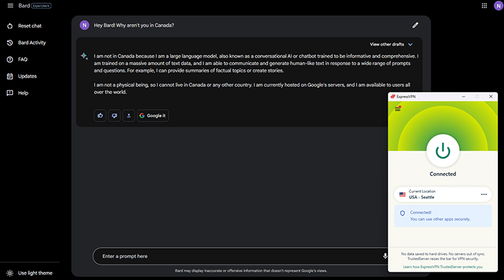 Screenshot of Bard working with ExpressVPN