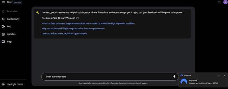 Screenshot of Bard working with NordVPN