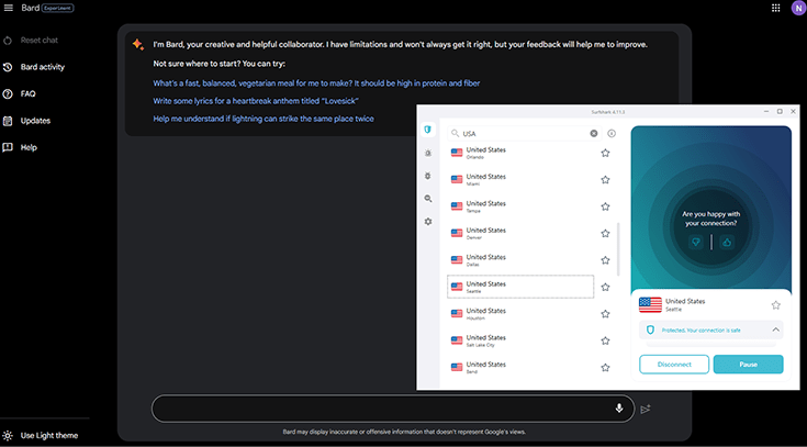 Screenshot of Bard working with Surfshark VPN in the background