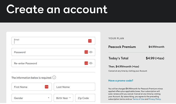 Screenshot of Peacock TV, Create an account