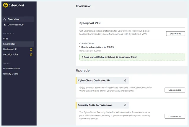Screenshot of CyberGhost, personal dashboard