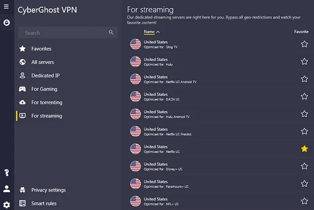 Screenshot of CyberGhost, streaming servers