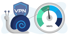 Does VPN slow down internet connection, snail slowing down speedometer icon