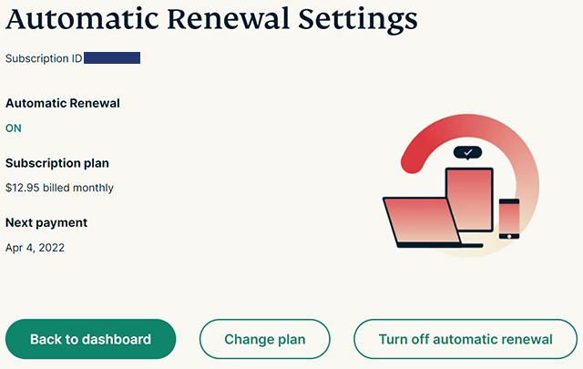 Screenshot of ExpressVPN, Automatic renewal settings
