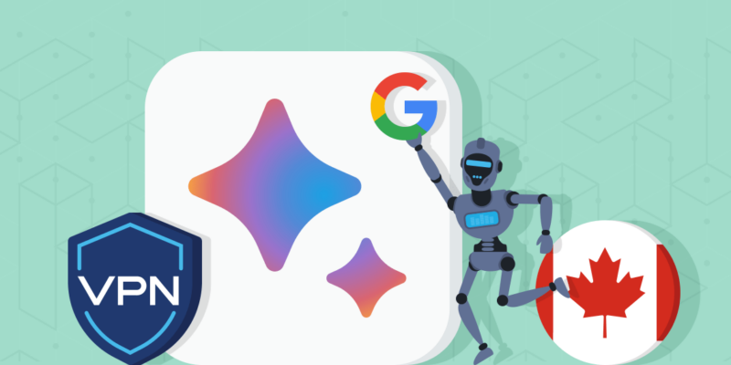 VPN shield icon, Google Bard logo, robot holding G sign from Google logo and Canada circle flag