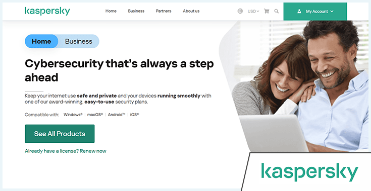 Screenshot of Kaspersky website homepage, May 2023