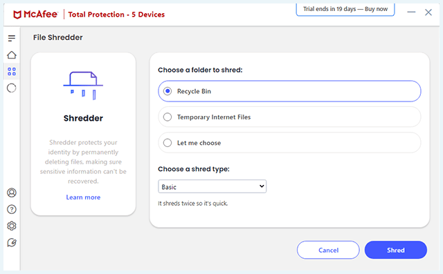 Screenshot of McAfee app, File Shredder