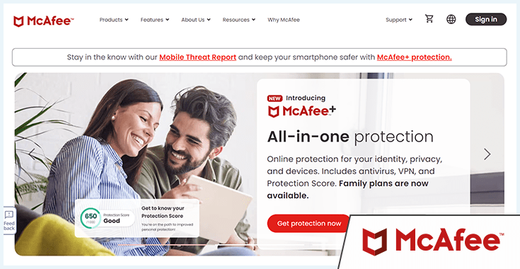 Screenshot of McAfee website homepage, May 2023