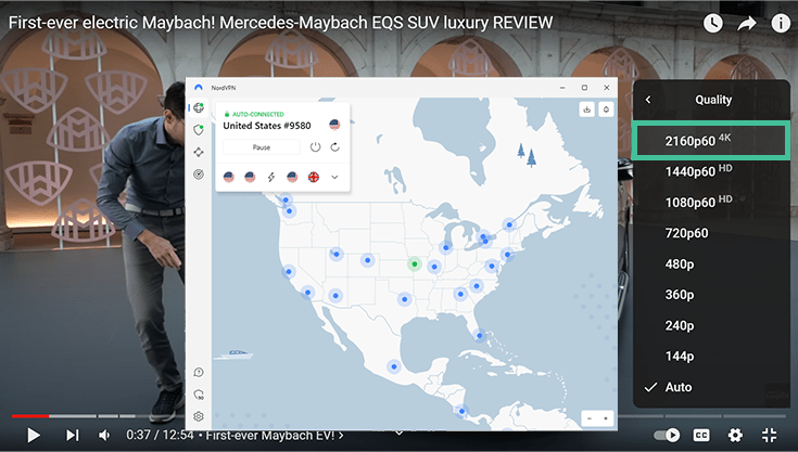 Screenshot of NordVPN connected to the US server, over YouTube video