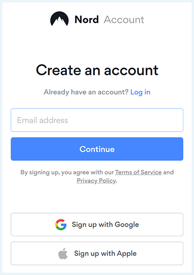 Screenshot of NordVPN, creating an account