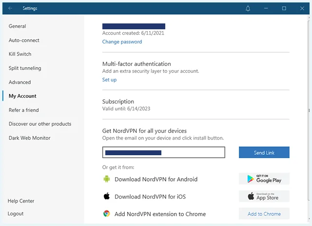 Screenshot of NordVPN, account info