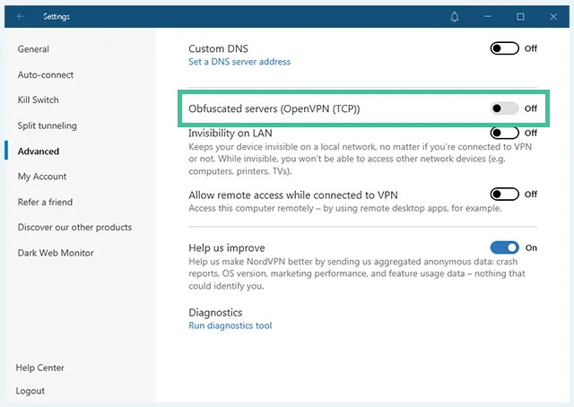 Screenshot of NordVPN, showing their advanced security settings