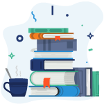 Coffee mug with pile of books next to it icon