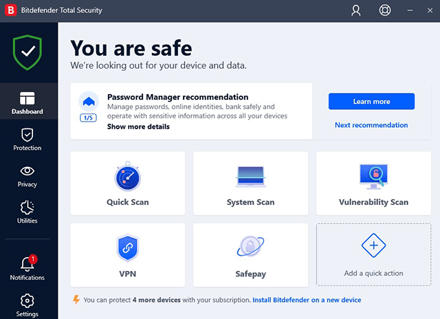 Screenshot of Bitdefender Antivirus. Dashboard
