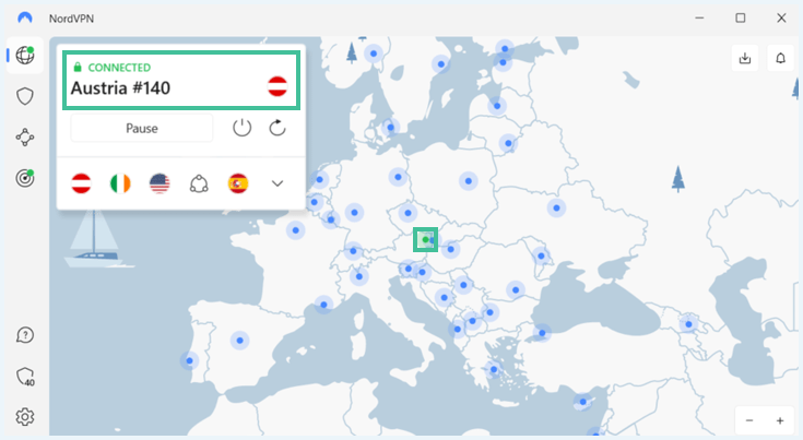 NordVPN app connected to an Austrian server with highlights