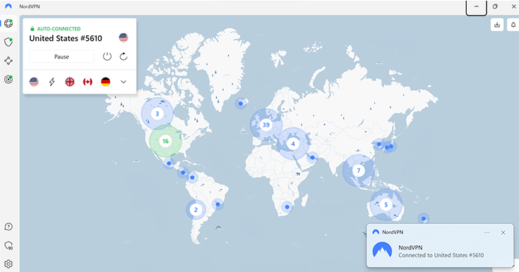 Screenshot of NordVPN interface, connected to US server