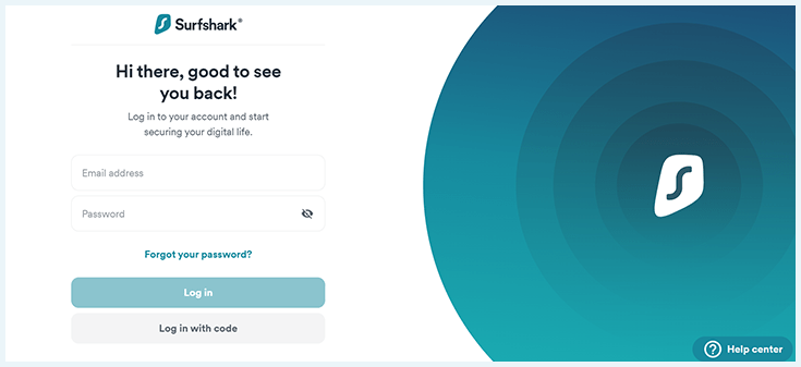 Screenshot of Surfshark, website login page