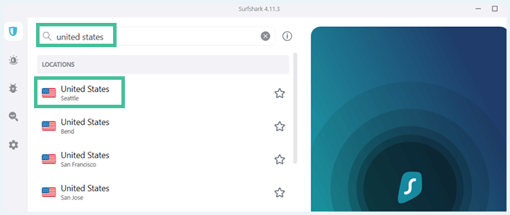 Screenshot of Surfshark server search results for United States