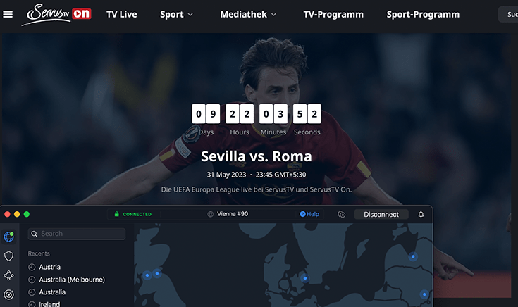 Screenshot of Servus TV Europa League with NordVPN