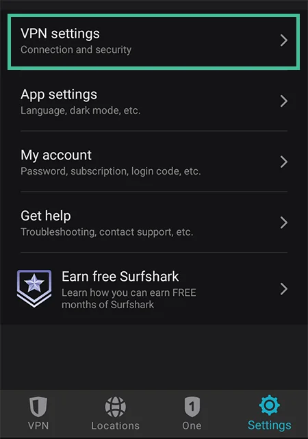 Screenshot of Surfshark, Settings