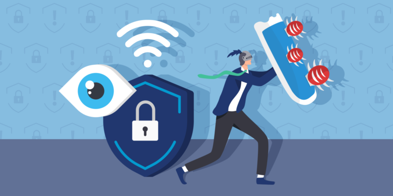Internet Privacy and Safety icon, man with a shield and helmet protecting himself from viruses and malware