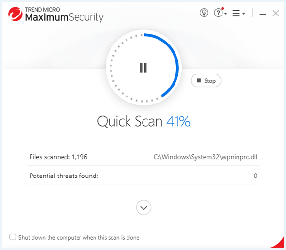 Screenshot of TrendMicro, quick scan in progress